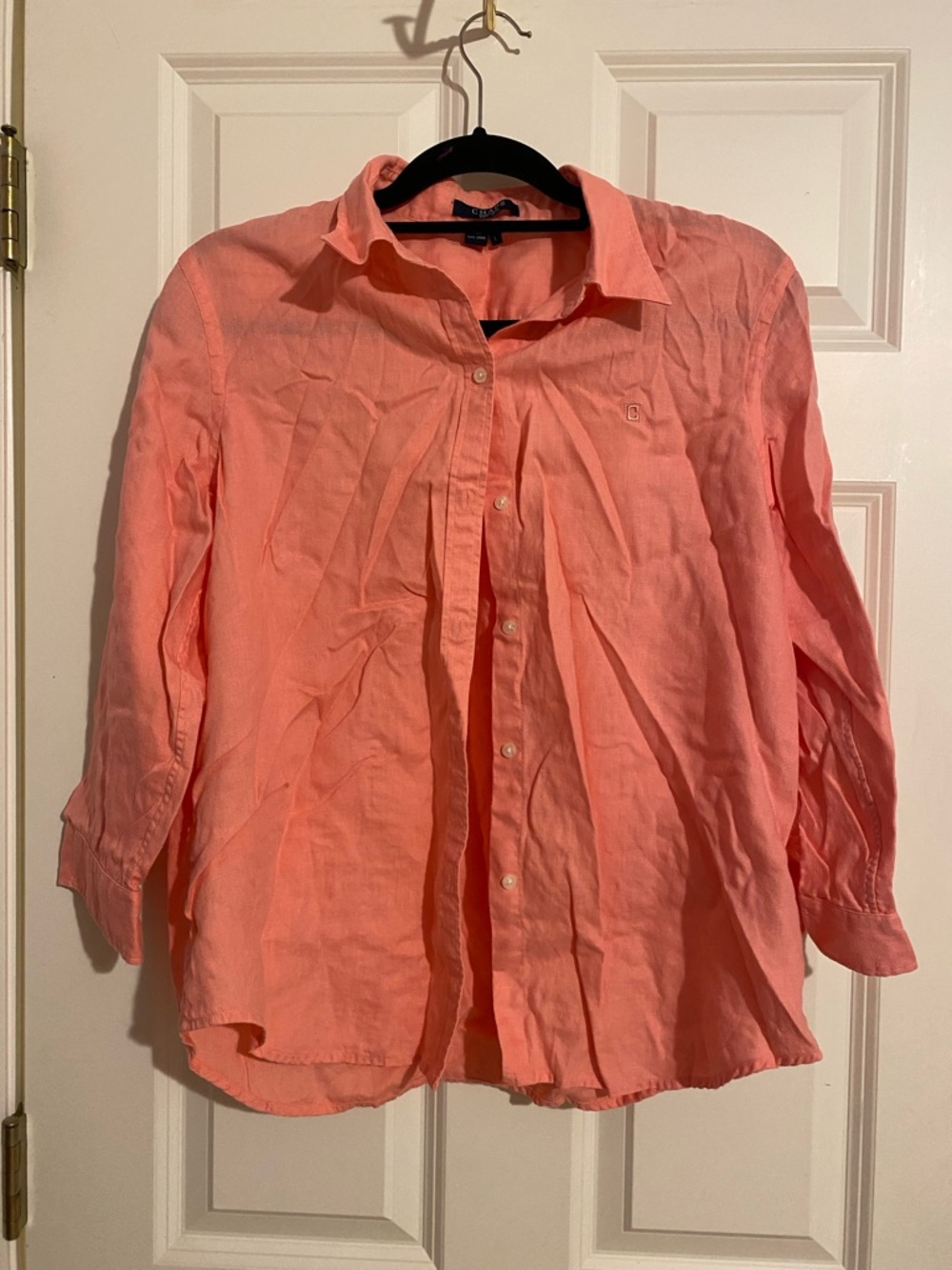 Chaps 100% linen 3/4 sleeve button up salmon pink shirt, womens size large
